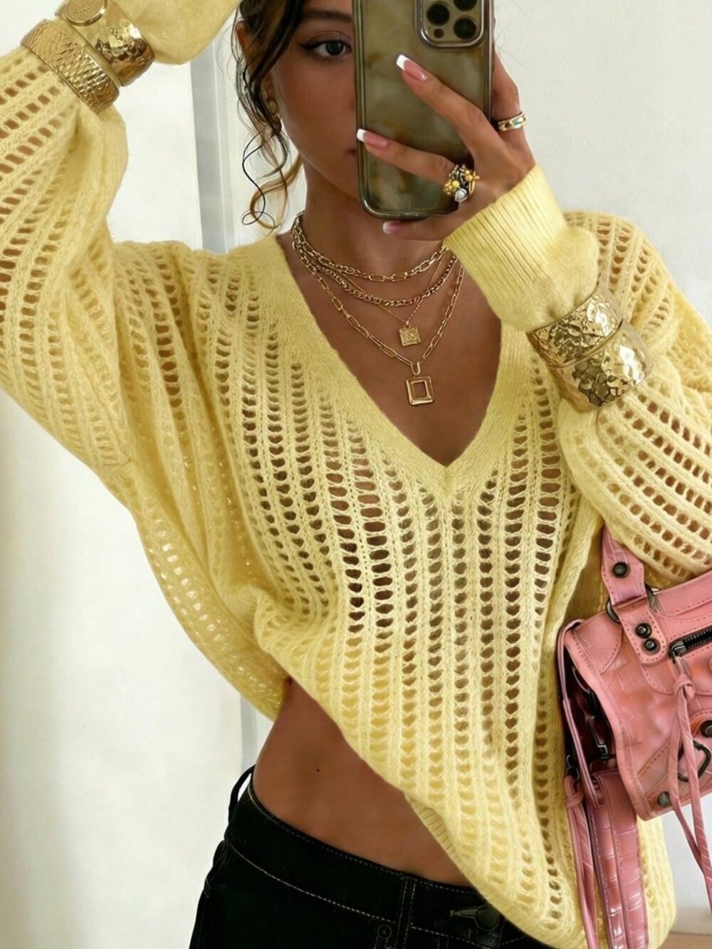 Yellow Y2K Casual Women's Hollow V-Neck Knit Sweater Top - Picture 2 of 7